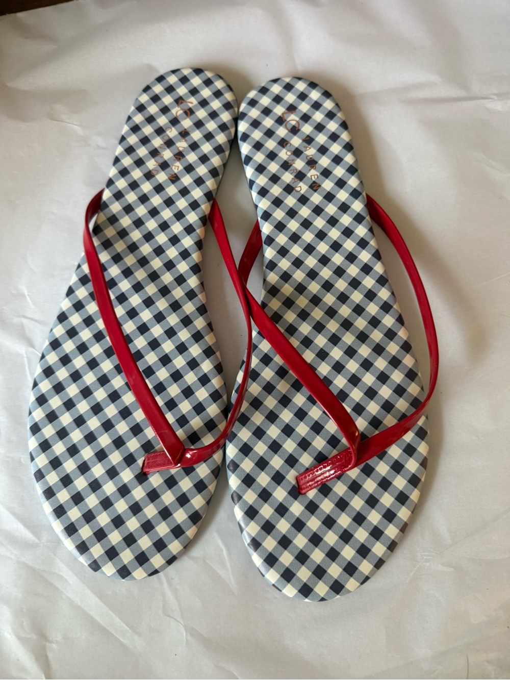 NEW Womens Sz 10 LC Lauren Conrad Flat Flip Flops Sandals Blue Gingham Red Strap